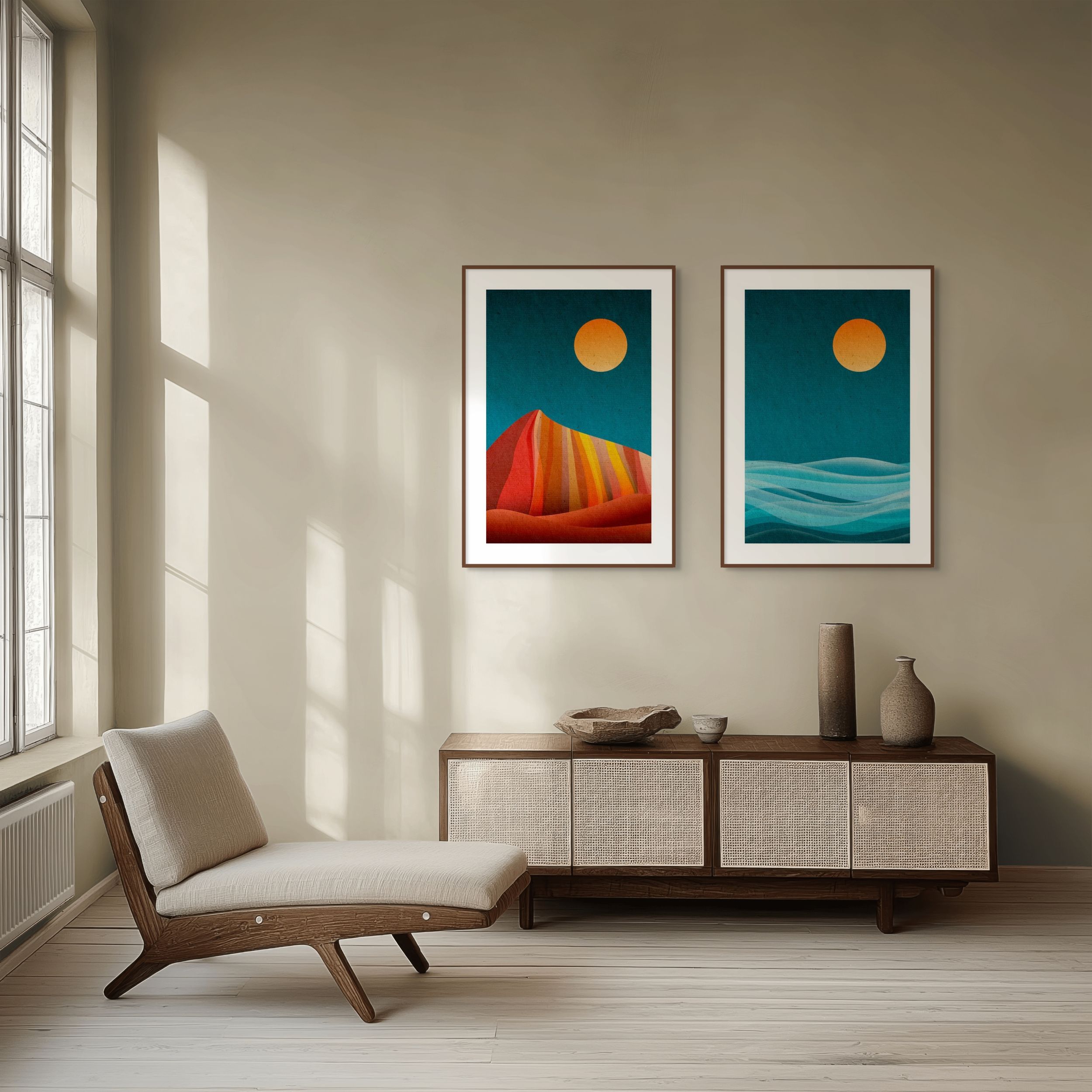 Two framed abstract prints from the Quiet Forms collection, featuring bold landscape-inspired shapes in warm orange and cool blue tones, styled above a wooden sideboard in a minimalist interior.