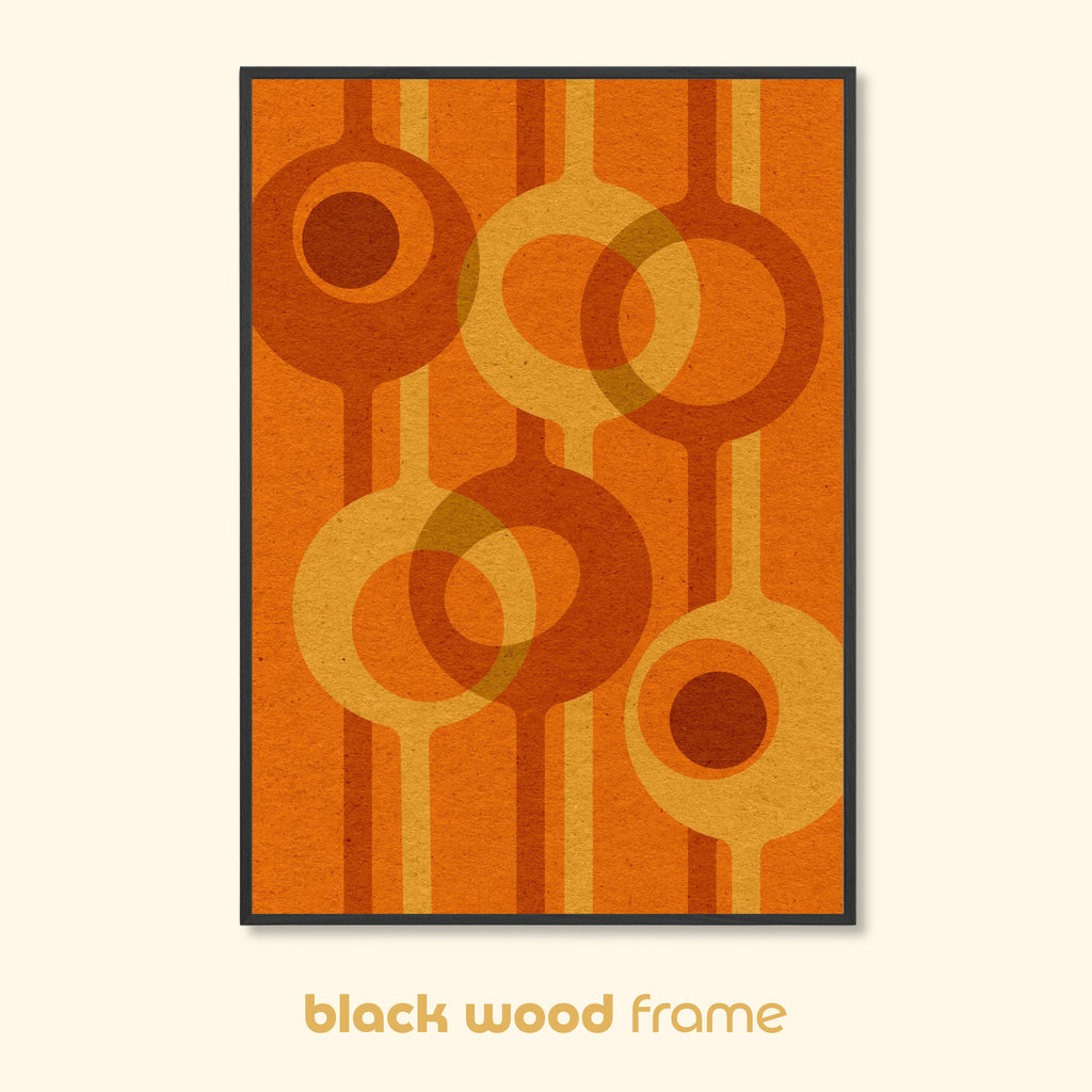 Relay – Amber abstract geometric wall art displayed in a black wood frame on a neutral background.