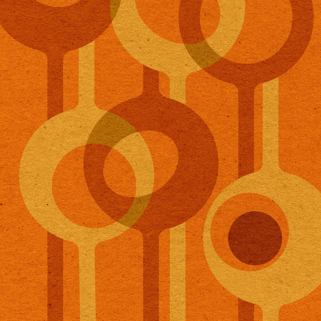 Close-up detail of Relay – Amber abstract geometric print showing overlapping circles, warm amber colours and textured paper finish.