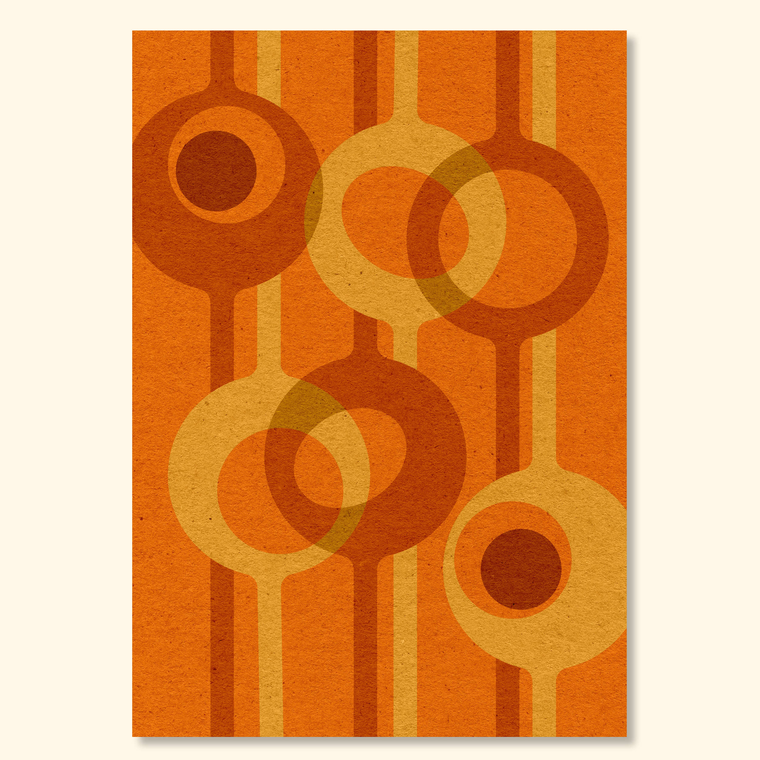 Relay – Amber mid-century modern abstract geometric wall art print in warm amber and ochre tones with overlapping circles and a subtle vintage paper texture.