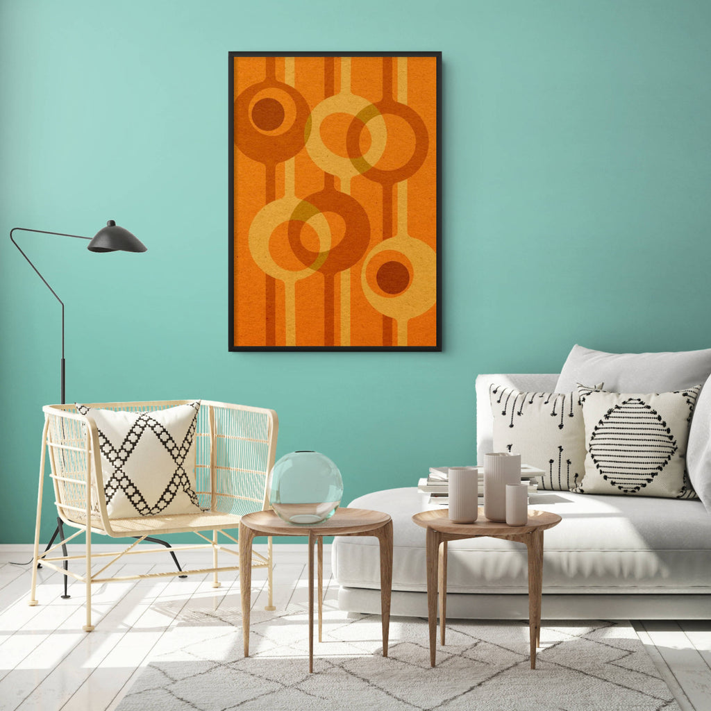 Relay – Amber mid-century inspired abstract geometric wall art displayed in a modern living room above a white sofa.
