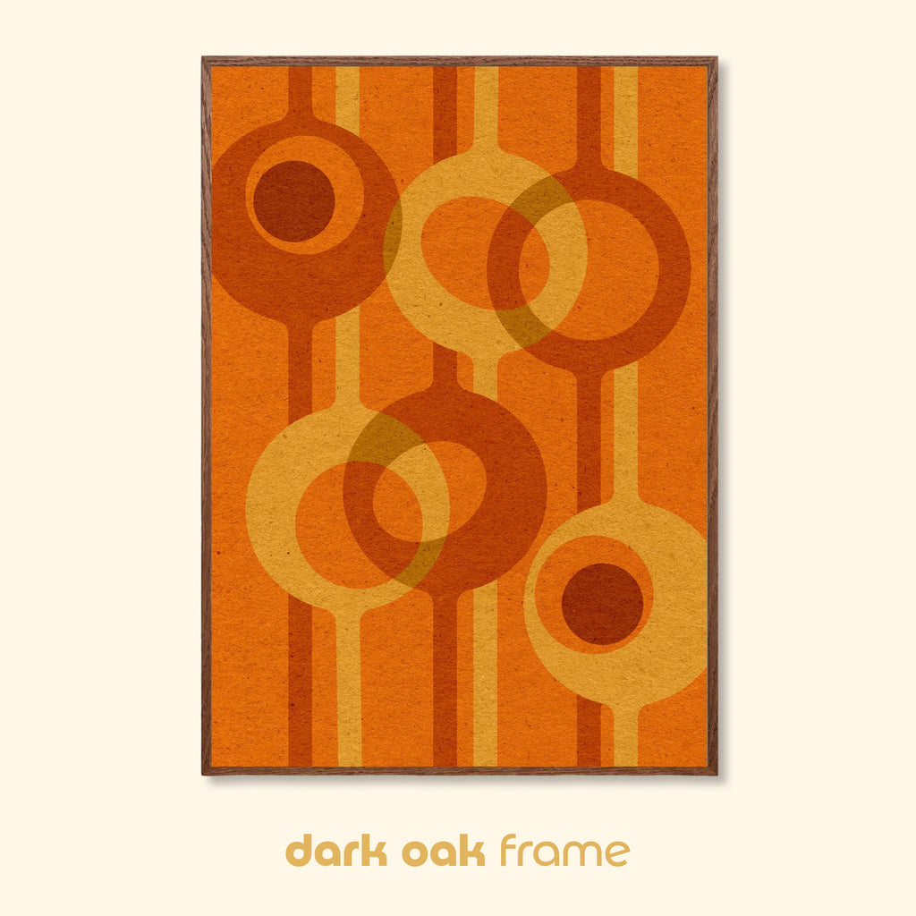 Relay – Amber abstract geometric wall art displayed in a dark oak frame on a neutral background.