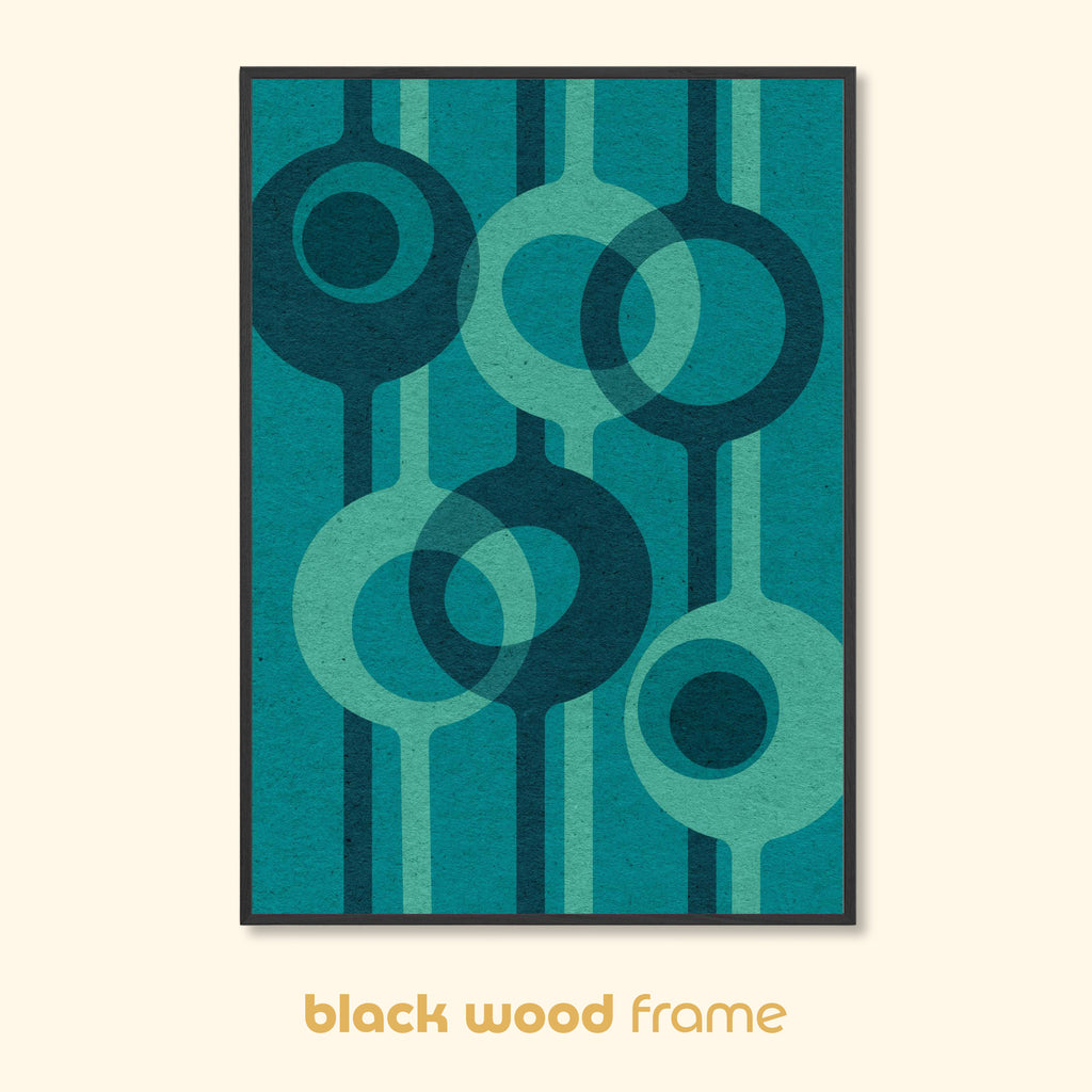 Relay – Lagoon abstract geometric wall art displayed in a black wood frame on a neutral background.
