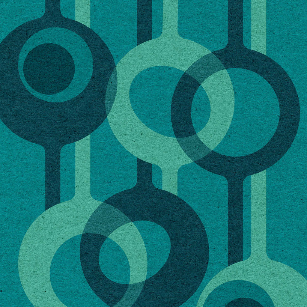 Close-up detail of Relay – Lagoon abstract geometric print showing overlapping circles, teal tones and textured paper finish.