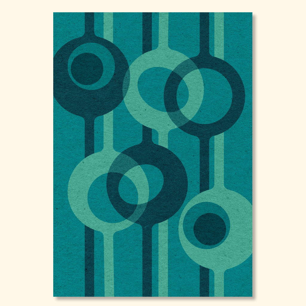 Relay – Lagoon mid-century modern abstract geometric wall art print in teal and blue-green tones with overlapping circles and a subtle vintage paper texture.