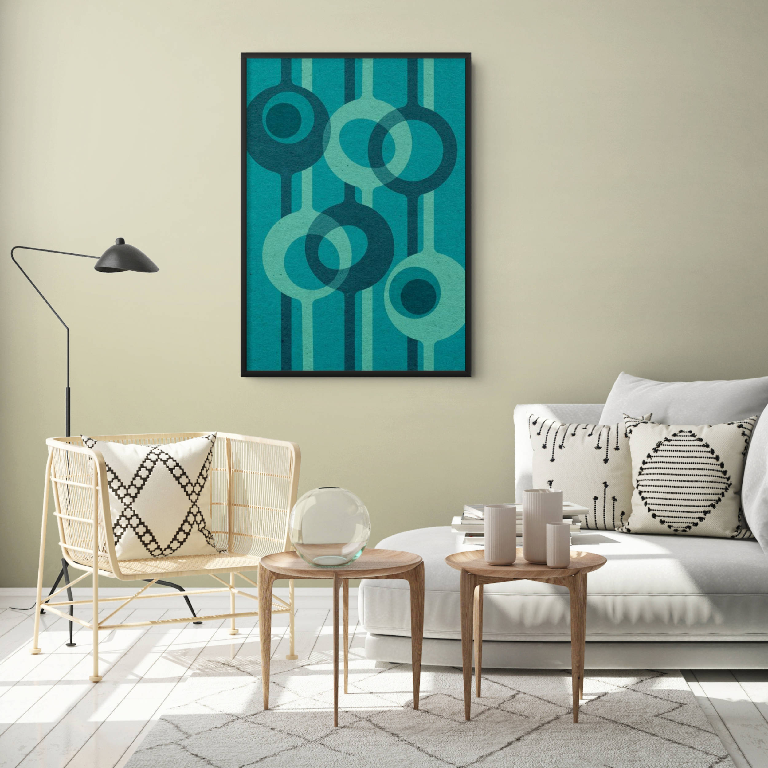 Relay – Lagoon abstract geometric wall art displayed in a black wood frame on a neutral background.