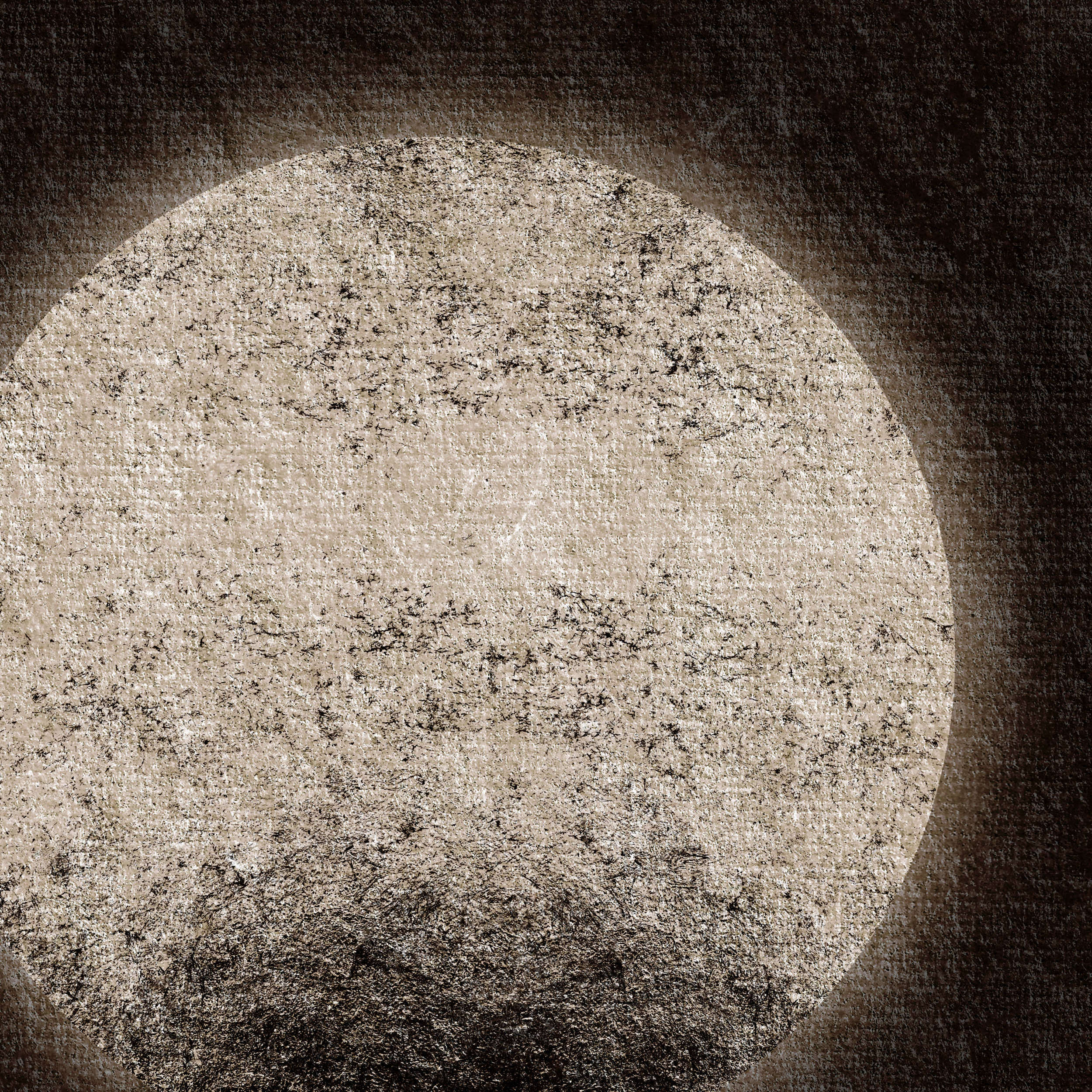Close-up detail of a moon-inspired abstract art print showing a pale circular form with vintage textured surface on a dark background.