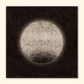 Minimal abstract art print inspired by the moon, featuring a single pale circular form with vintage texture on a dark background.