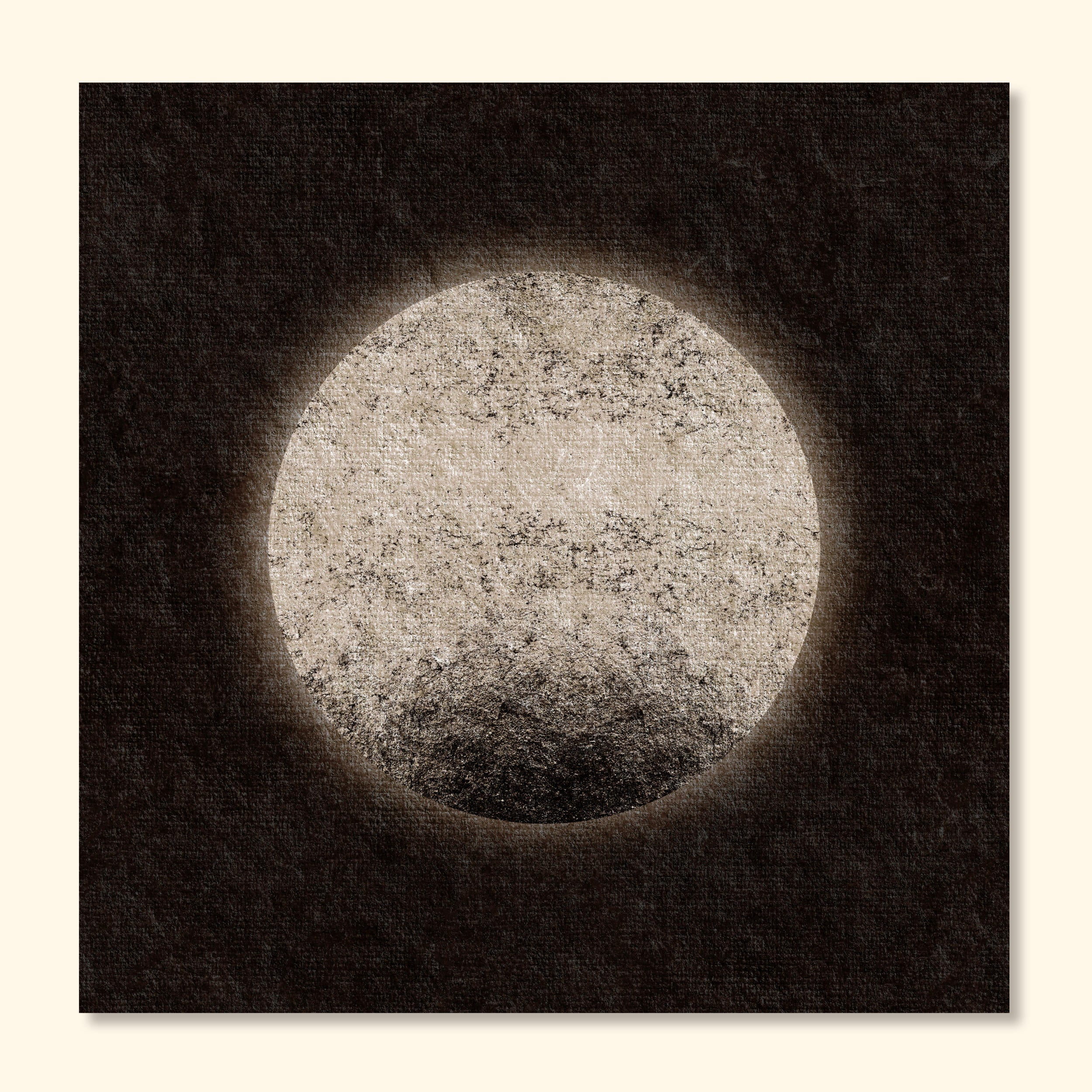 Minimal abstract art print inspired by the moon, featuring a single pale circular form with vintage texture on a dark background.