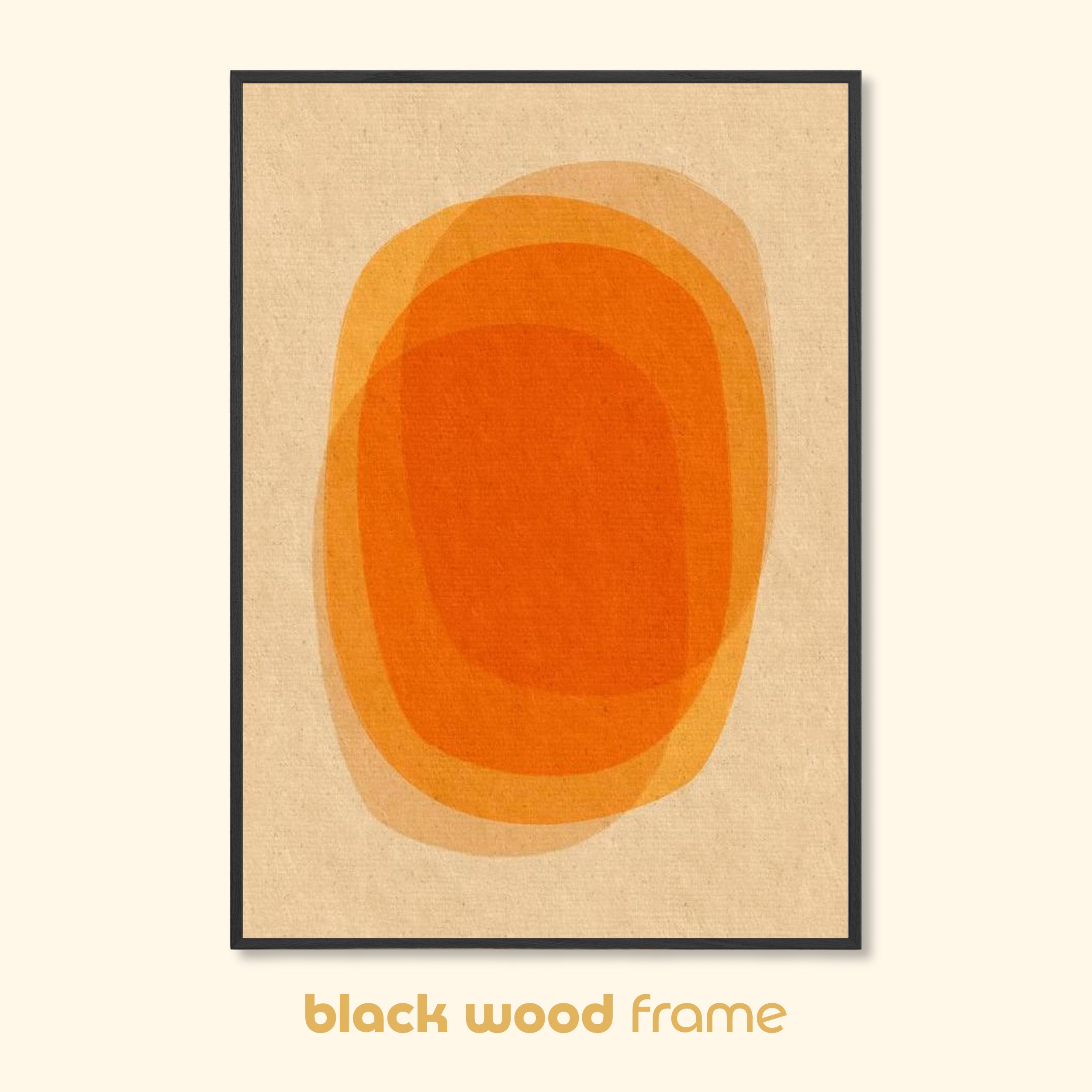 Resonance abstract art print in a black wood frame with warm orange layered design