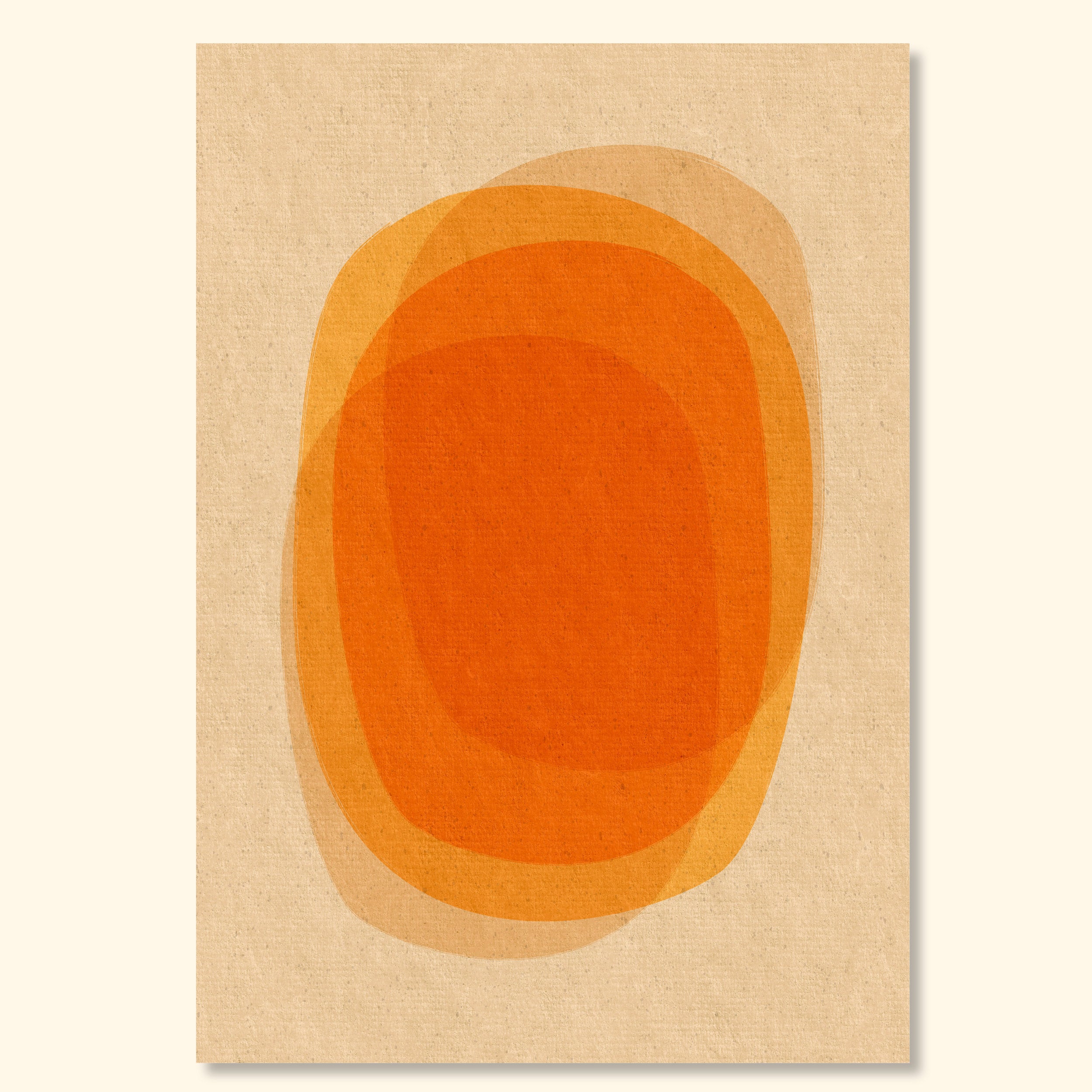 Abstract art print titled Resonance featuring layered orange shapes on a textured vintage paper background