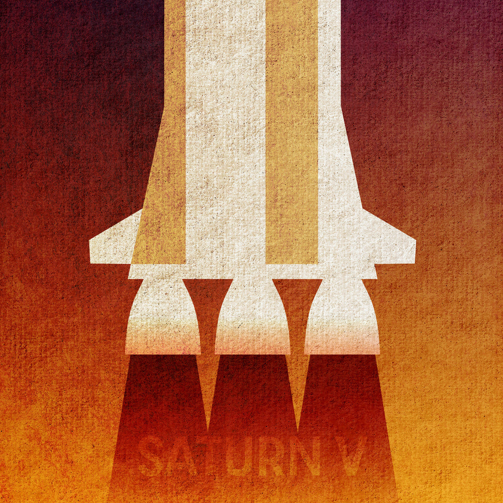 Close-up of Saturn V minimalist rocket art print showing engine detail and vintage paper texture.