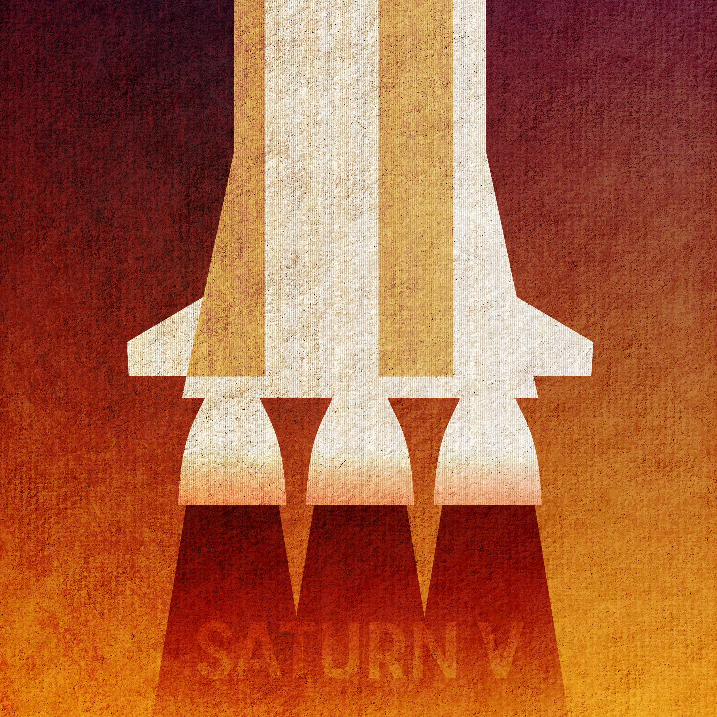 Close-up of Saturn V minimalist rocket art print showing engine detail and vintage paper texture.