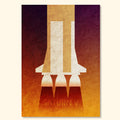 Saturn V minimalist rocket art print with warm red and gold tones and vintage textured background.