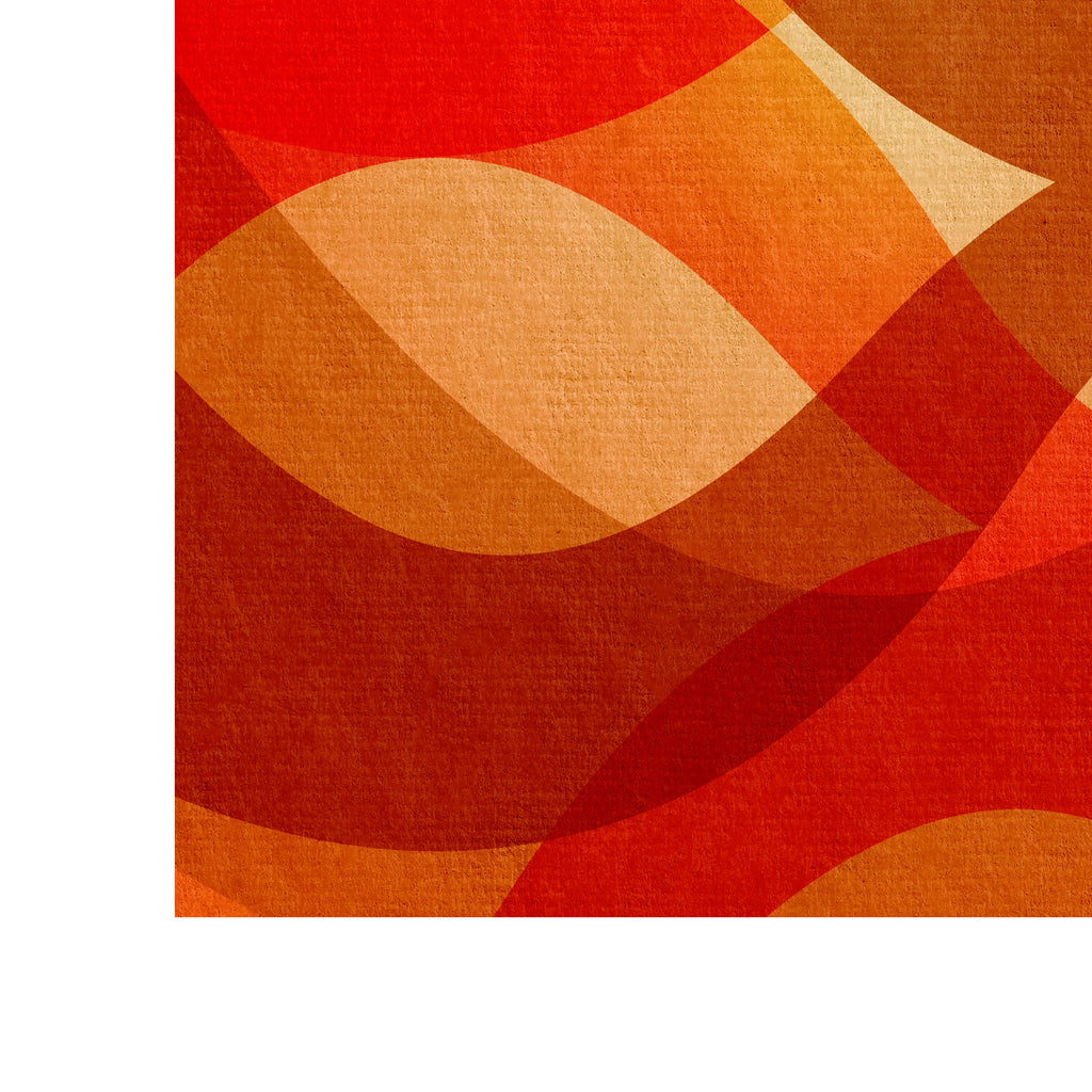 Abstract geometric print detail “Searching” showing layered curves, textured paper surface and warm orange, red and ochre colour palette.