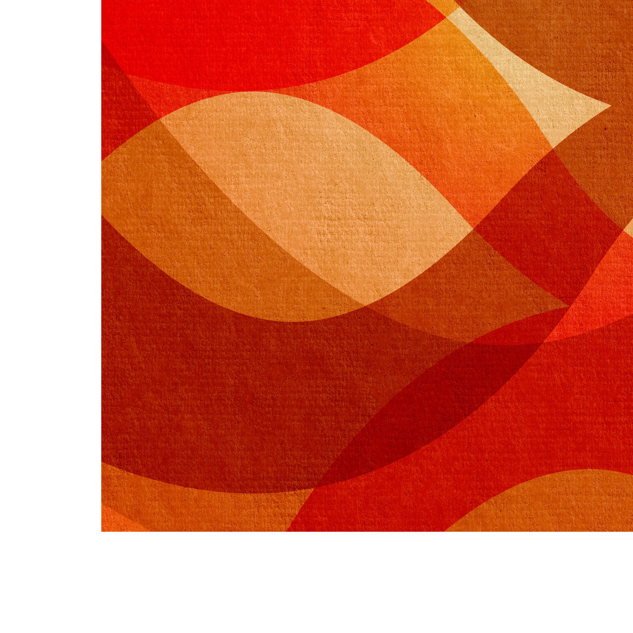 Abstract geometric print detail “Searching” showing layered curves, textured paper surface and warm orange, red and ochre colour palette.