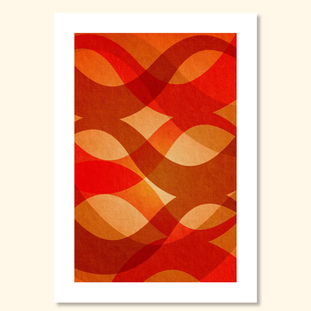 Abstract geometric wall art print “Searching” in warm orange, red and ochre tones, modern minimalist design with layered curved shapes.