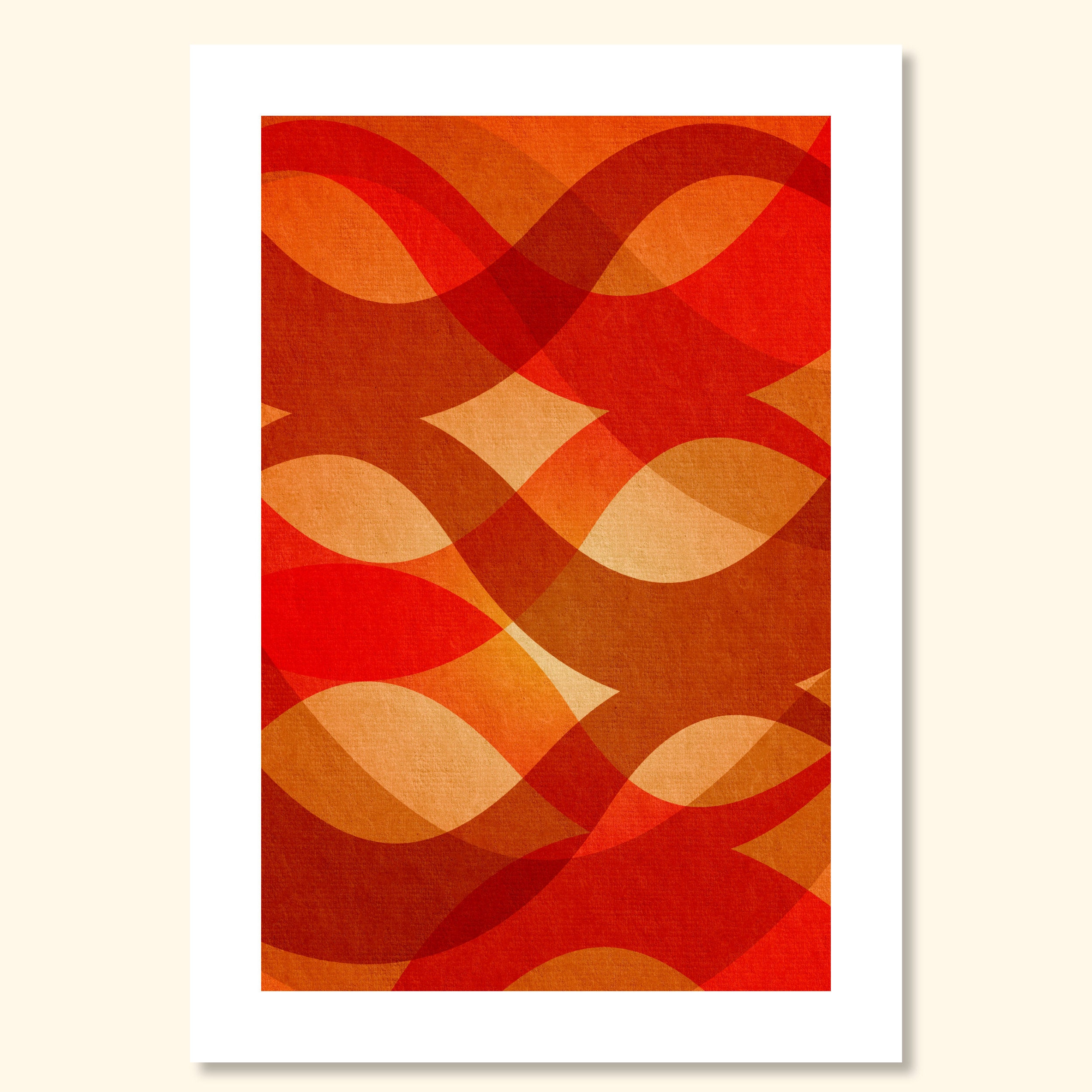 Abstract geometric wall art print “Searching” in warm orange, red and ochre tones, modern minimalist design with layered curved shapes.