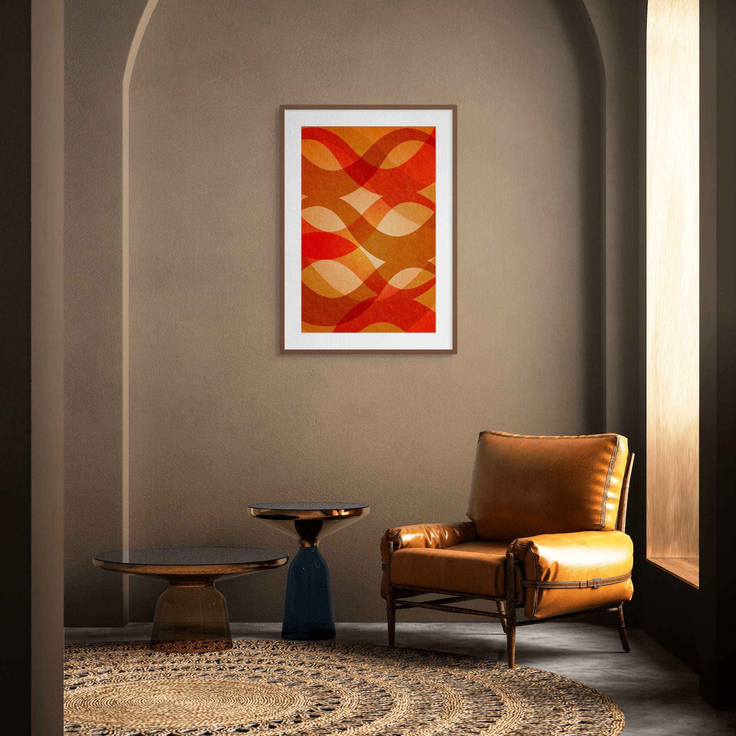 Modern abstract wall art “Searching” in orange and red tones displayed in a contemporary living room interior with leather chair.