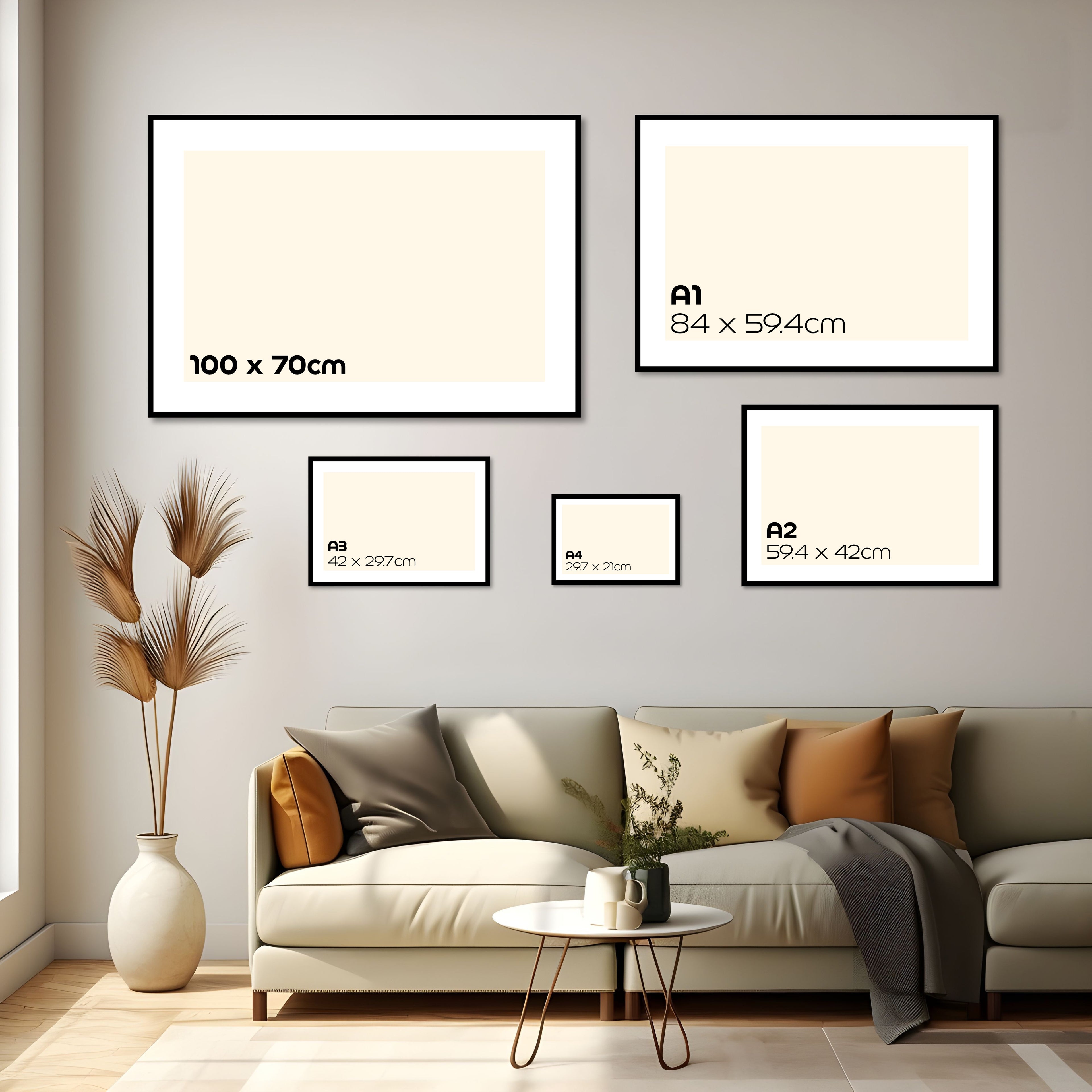 Landscape wall art size guide showing Be Good to Yourself print available in A4, A3, A2, A1, and 100 x 70 cm formats