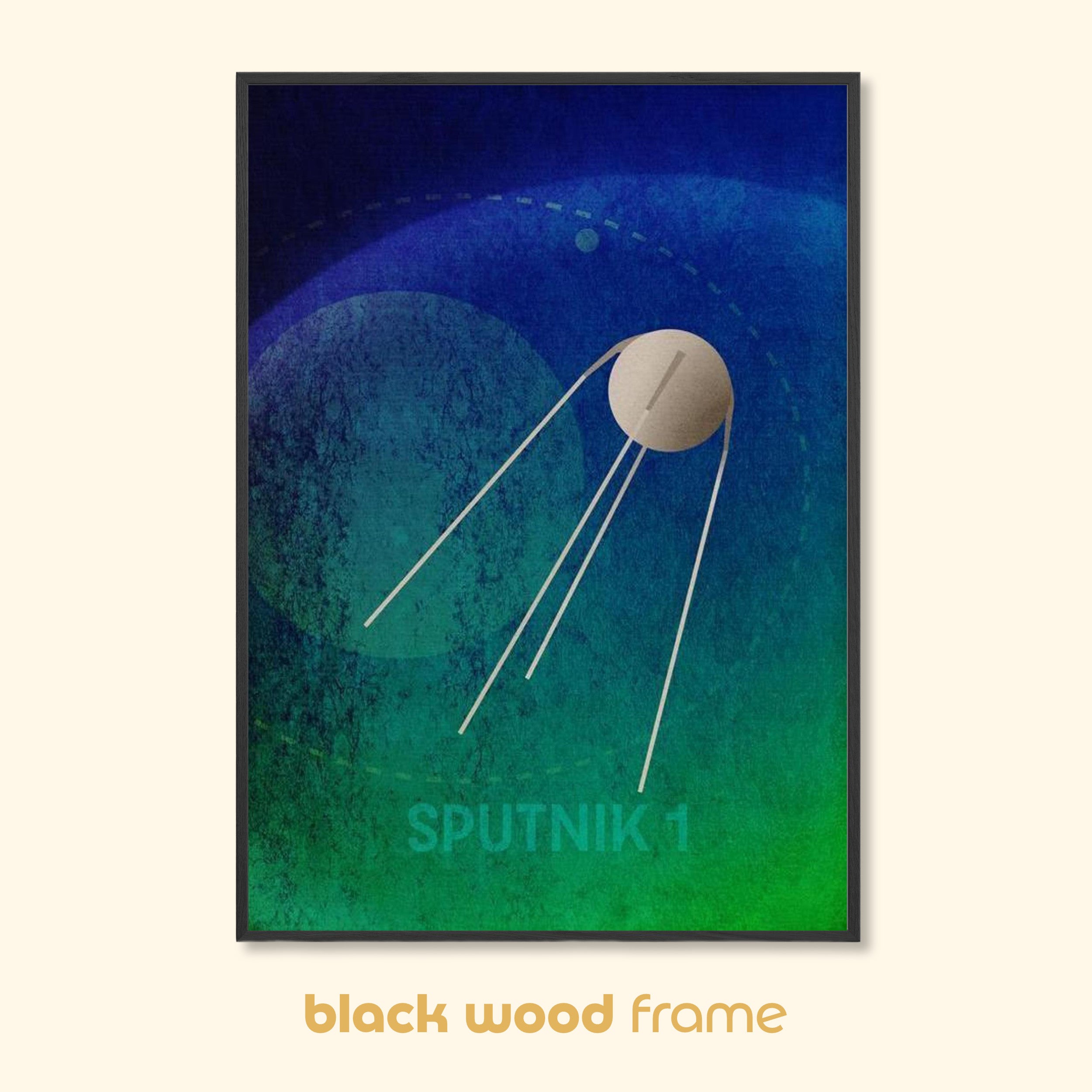 Sputnik 1 minimalist space art print in a black wood frame against a neutral background.