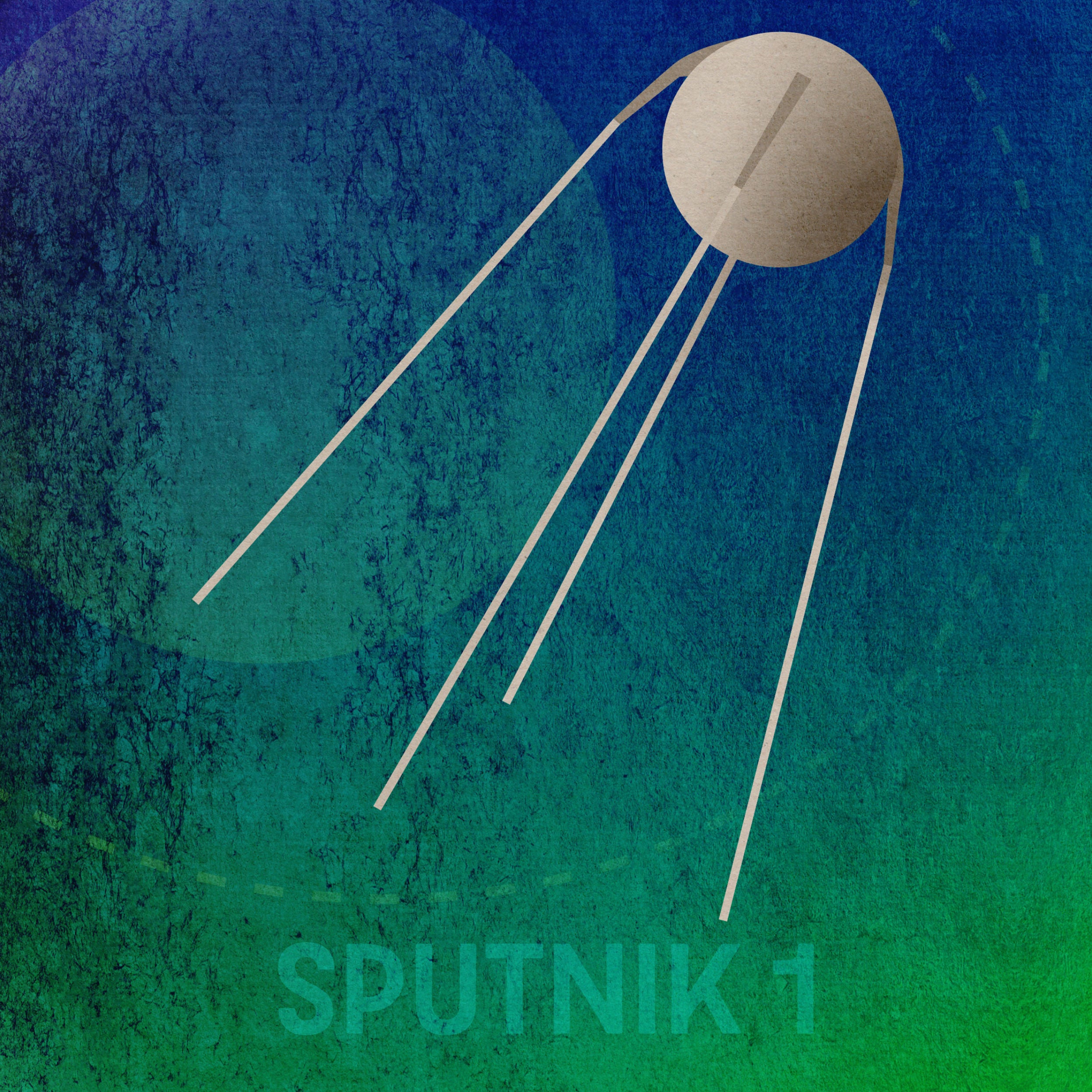 Sputnik 1 minimalist space art print with textured blue and green background and abstract satellite design.