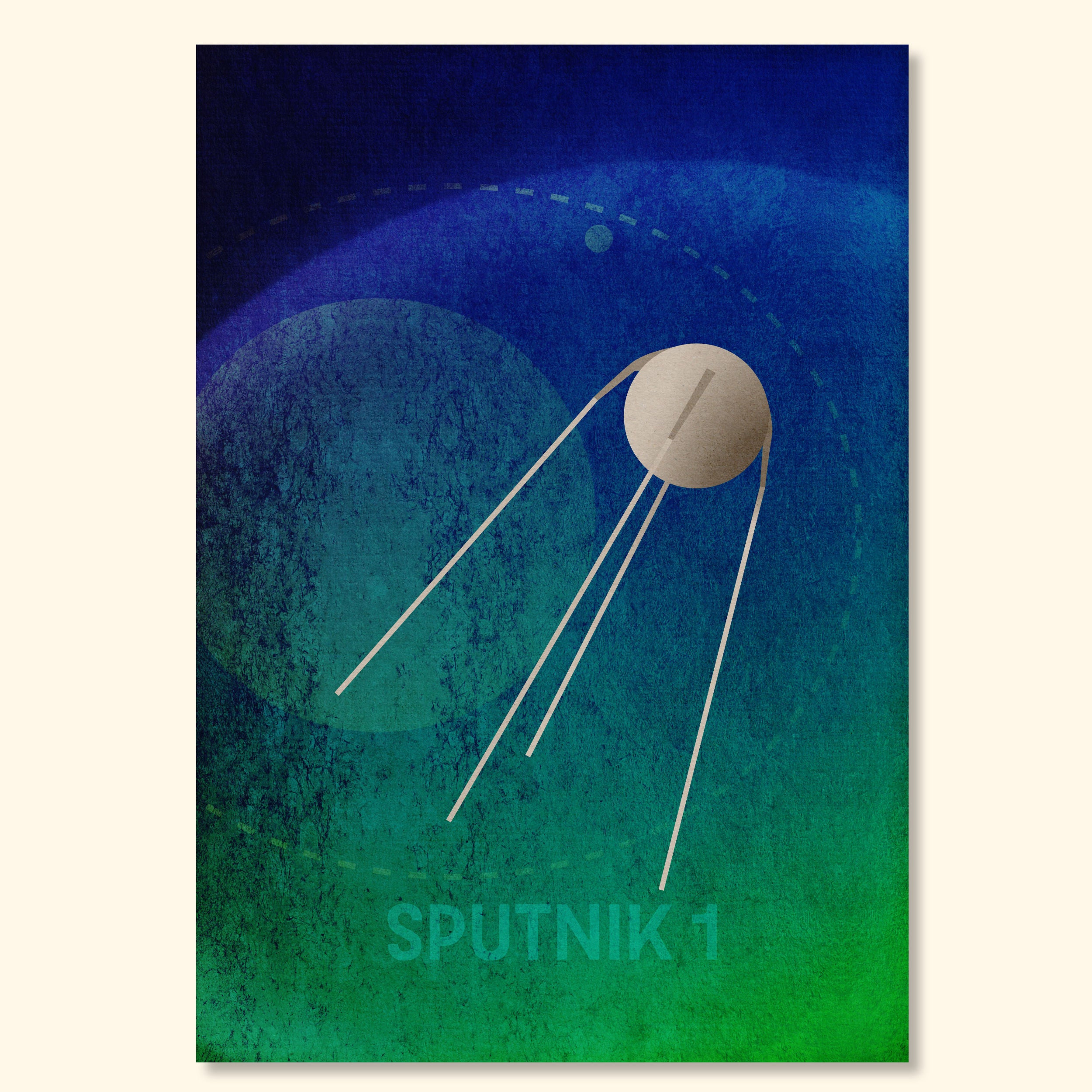 Sputnik 1 minimalist space art print featuring abstract satellite lines on a blue and green textured background.