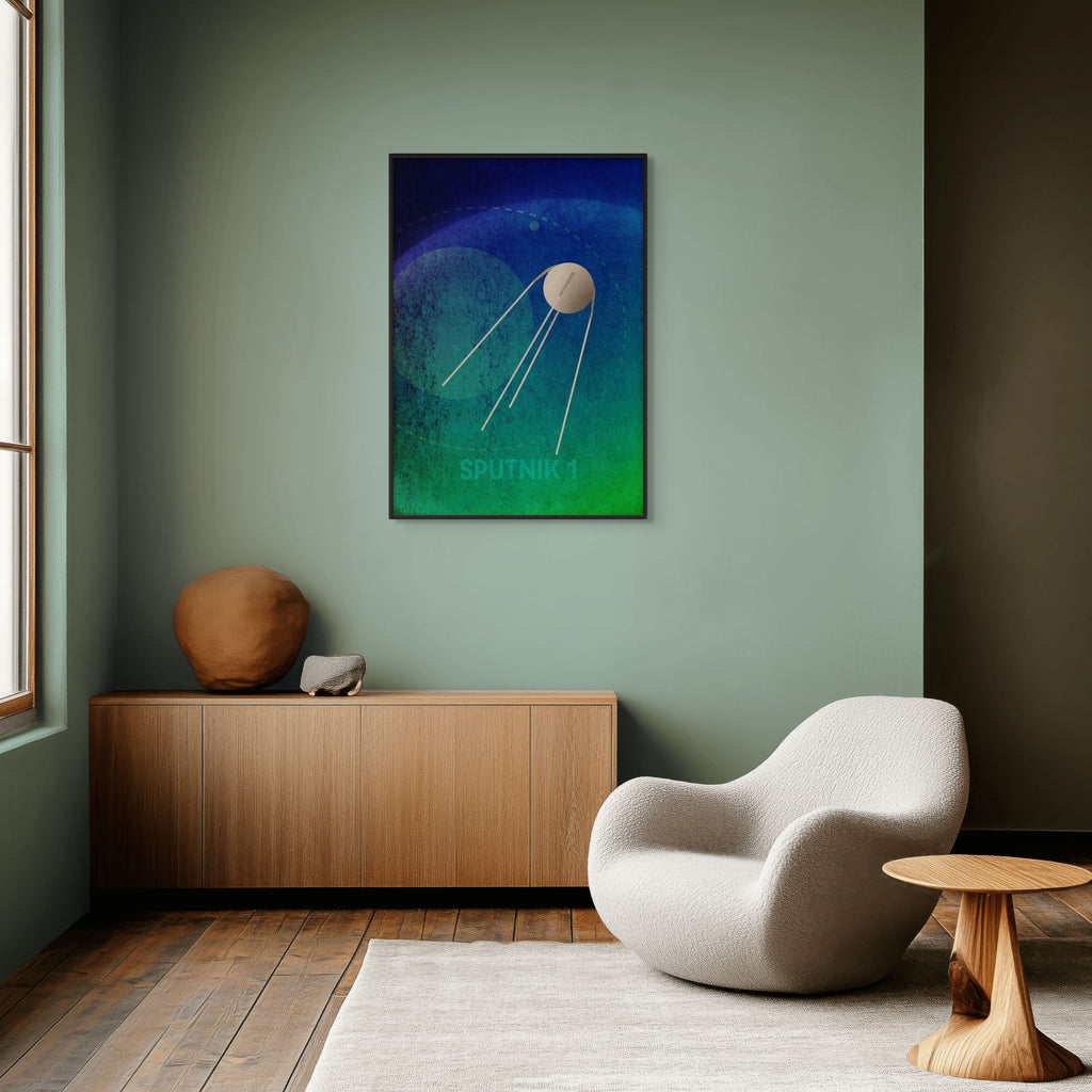 Sputnik 1 minimalist space art print displayed in a modern living room with mid-century style furniture.