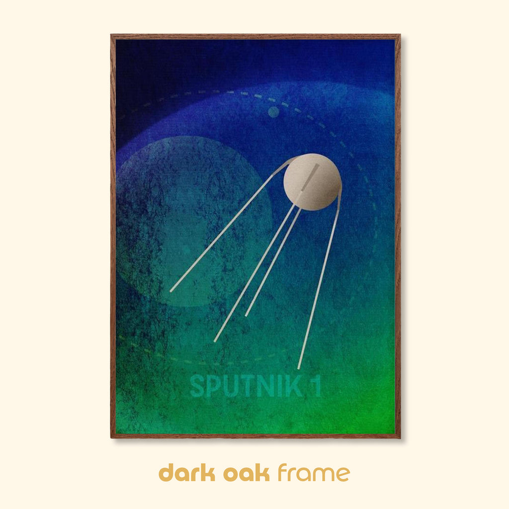 Sputnik 1 minimalist space art print in a dark oak frame with textured blue and green tones.