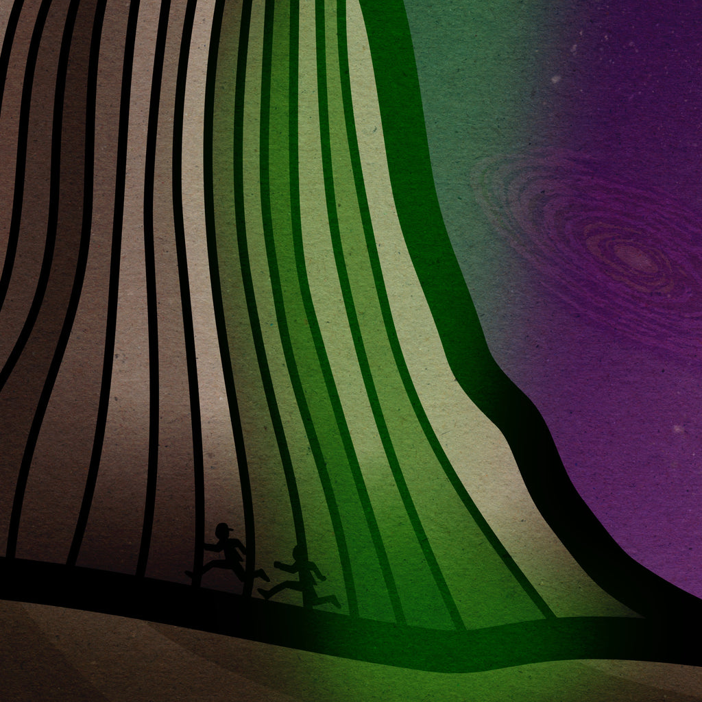 Close-up detail of the abstract Devils Tower print, showing textured surface, vertical linework and green light.