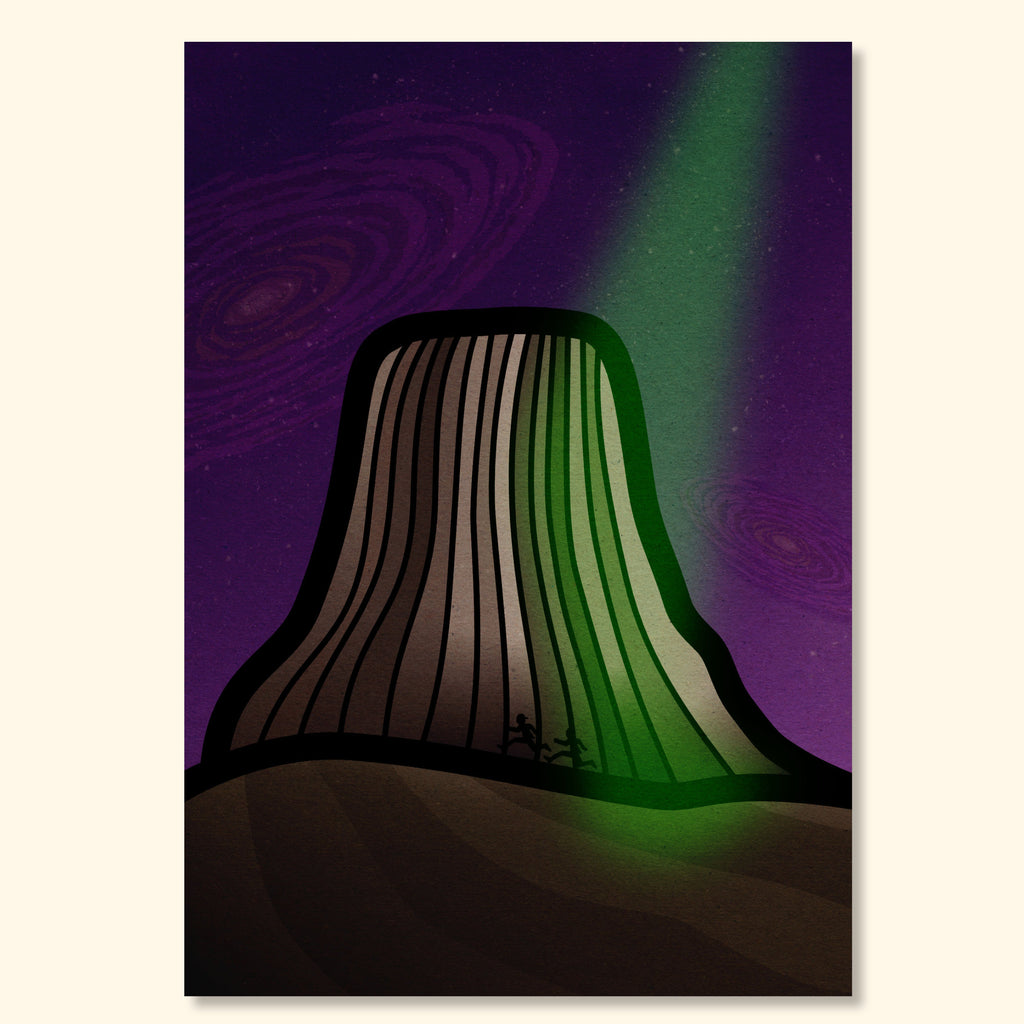 Minimal abstract print of Devils Tower under a purple sky with a green light beam, featuring small figures moving toward an encounter.