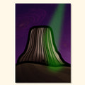 Minimal abstract print of Devils Tower under a purple sky with a green light beam, featuring small figures moving toward an encounter.