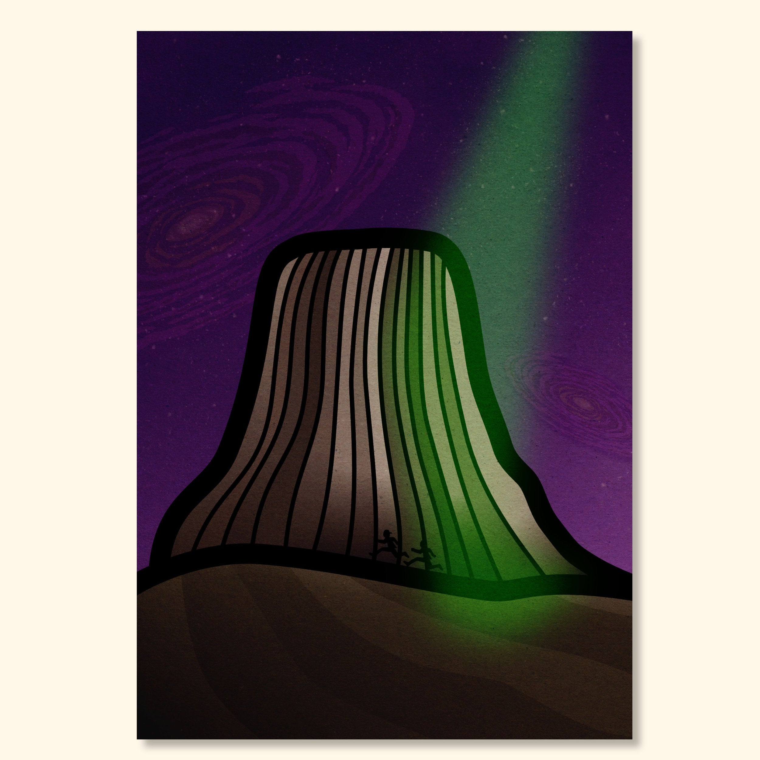 Minimal abstract print of Devils Tower under a purple sky with a green light beam, featuring small figures moving toward an encounter.