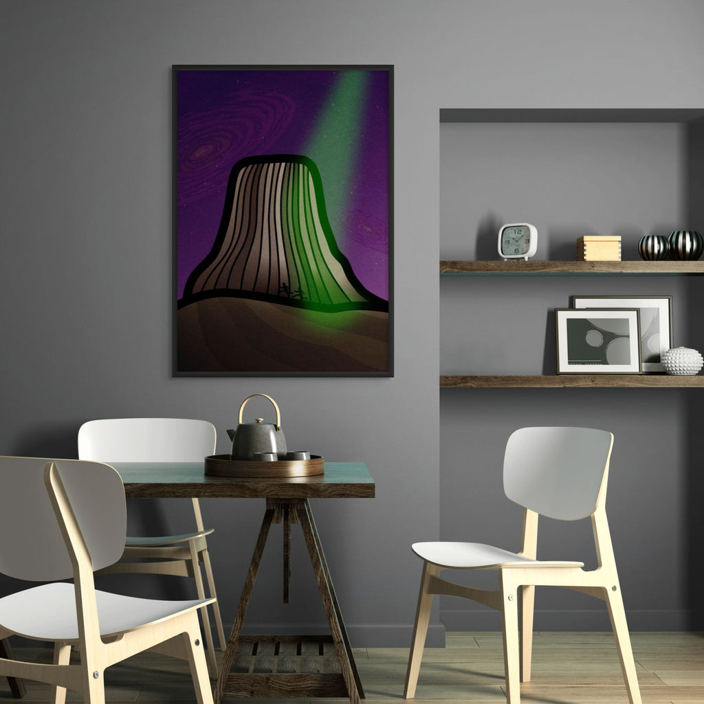 Minimal abstract Devils Tower print displayed in a modern interior above a table, adding colour and atmosphere to a calm space.