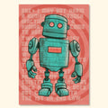 Retro robot print “Trust Me?” with teal figure on coral background featuring subtle Three Laws of Robotics text.