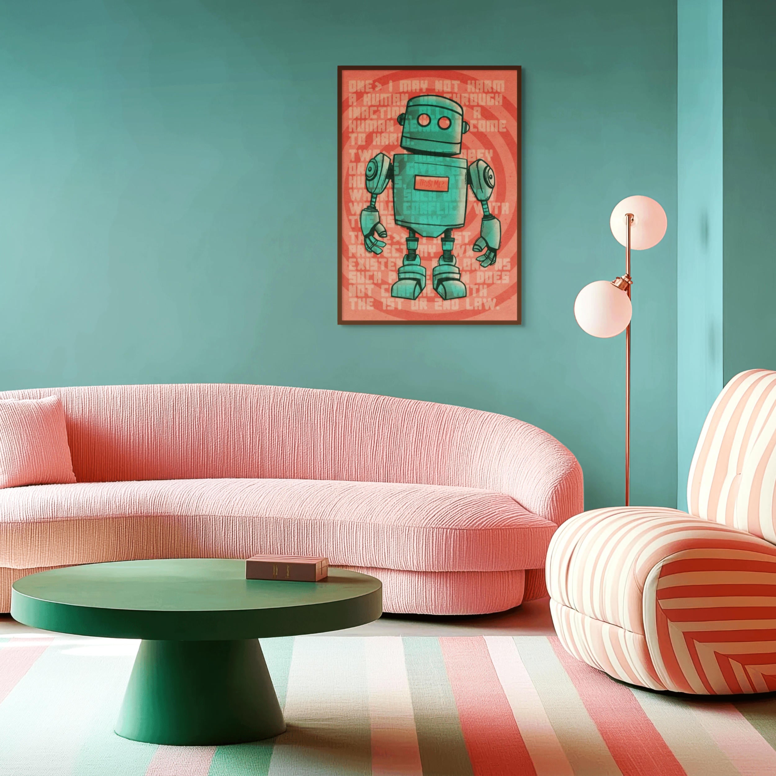 Framed robot print “Trust Me?” styled in modern living room with teal wall and coral sofa, minimalist sci fi wall art.