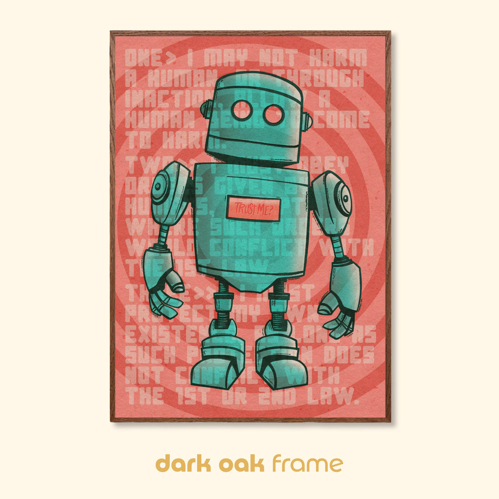Retro robot wall art print “Trust Me?” in dark oak frame, retro sci fi inspired design with textured coral background.