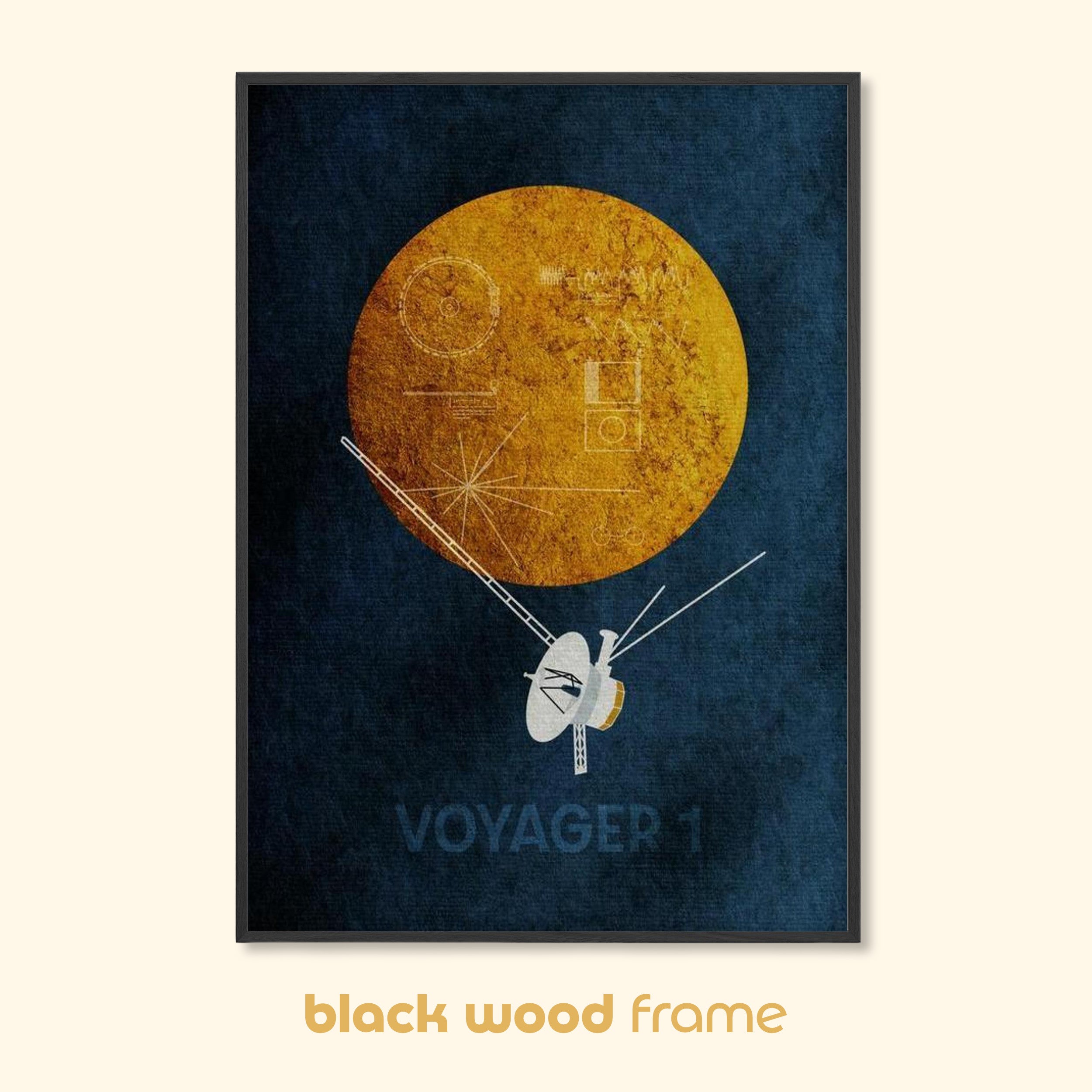 Voyager 1 minimalist space art print in a black wood frame with golden record and spacecraft motif.