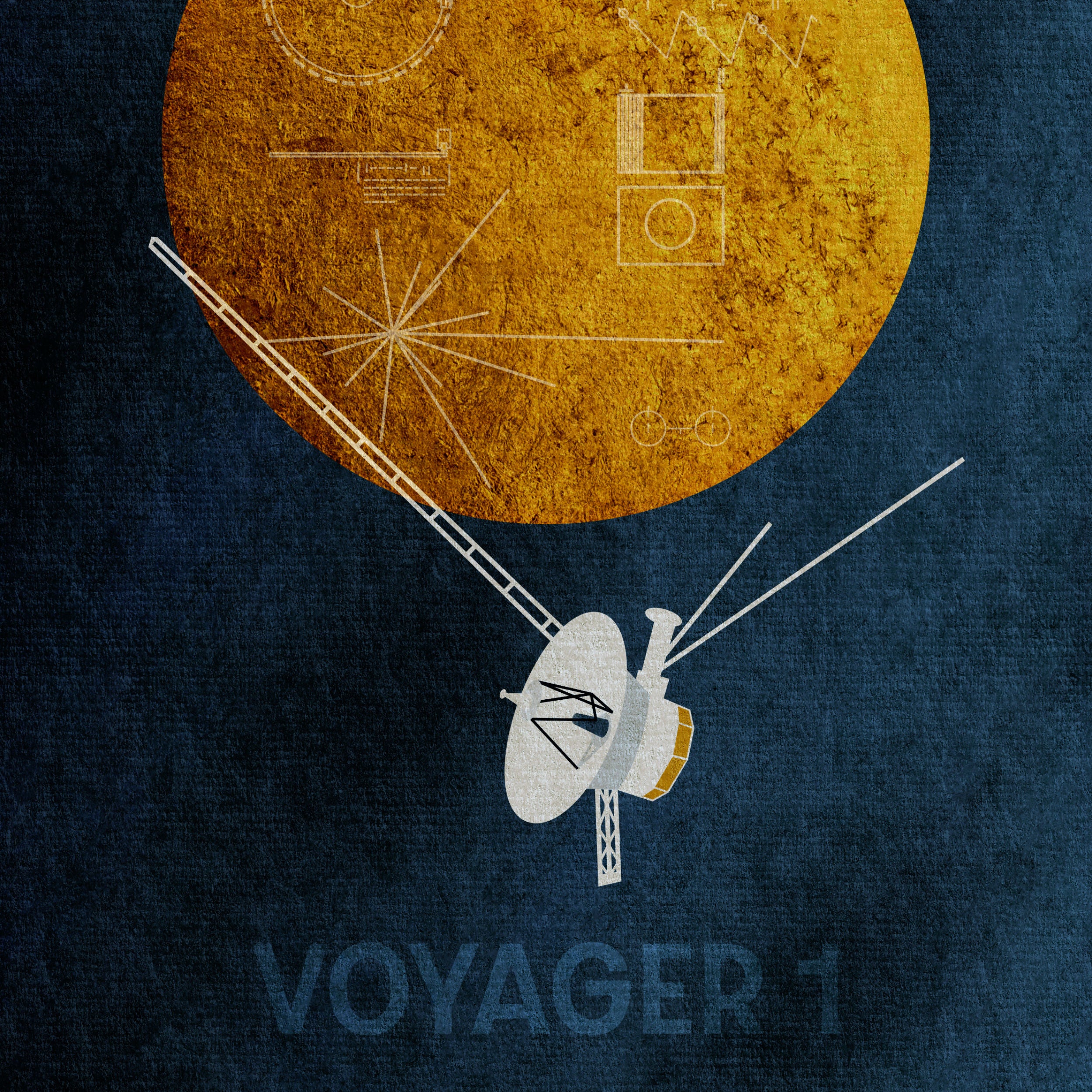 Close-up of Voyager 1 minimalist space art print showing golden record diagrams and spacecraft illustration.