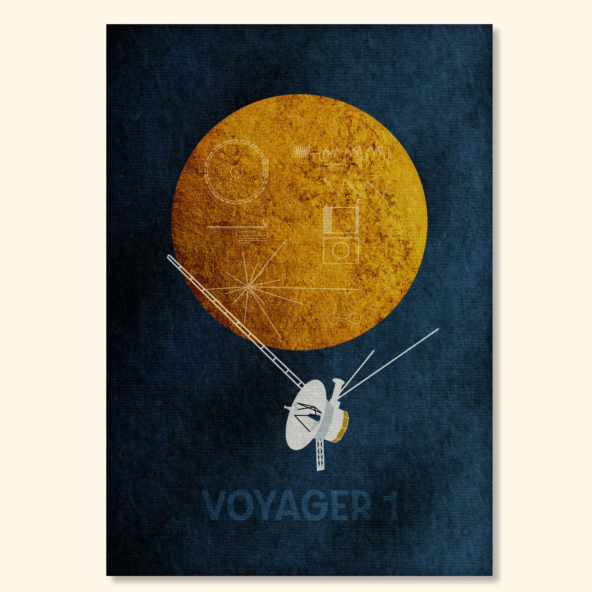 Voyager 1 minimalist space art print featuring a spacecraft and golden record on a textured deep blue background.