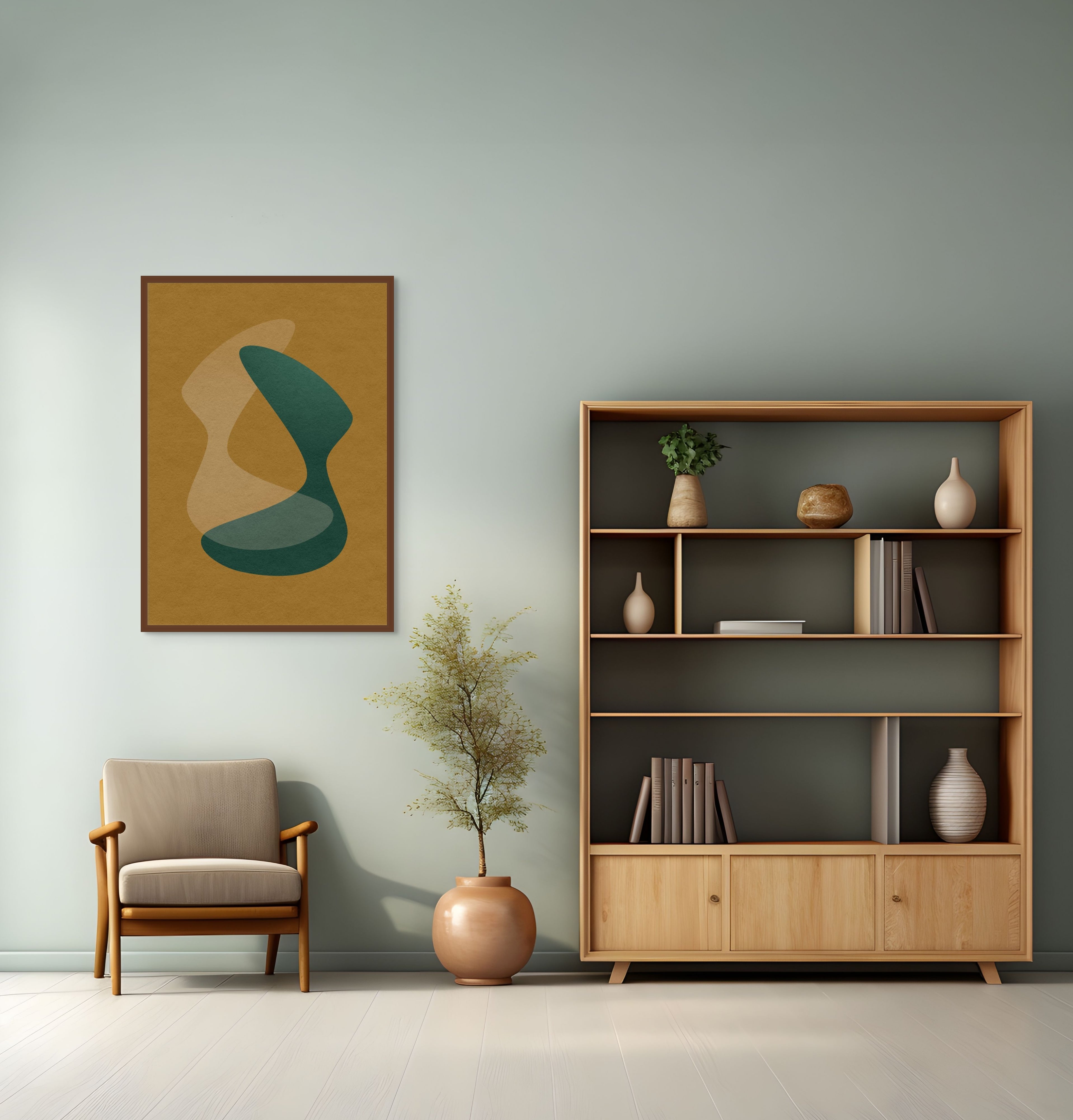 Contemporary abstract wall art print in mustard ochre and teal displayed in modern minimalist living room interior.